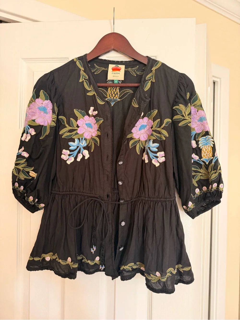 Farm Rio Black Embroidered Floral Peasant Blouse